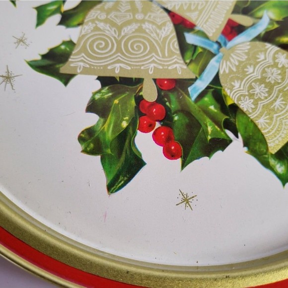 Christmas Serve Tray Tin Bells Starburst Holly Gold Vintage - Picture 3 of 6